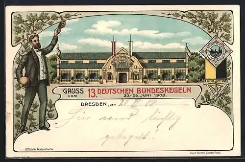 Lithographie Dresden, 13. Deutsches Bundeskegeln 1908, Wettkampfhalle auf der Vogelwiese