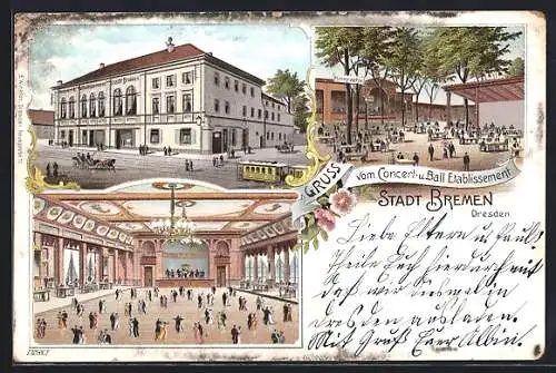 Lithographie Dresden-Pieschen, Gaststätte Stadt Bremen mit Strassenbahn, Leipziger Strasse 58
