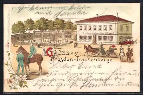 Lithographie Dresden-Trachenberge, Gasthaus zum Hecht H. Schlimpert mit Garten, Pferdebahn, Soldaten mit Pferd, Reiter
