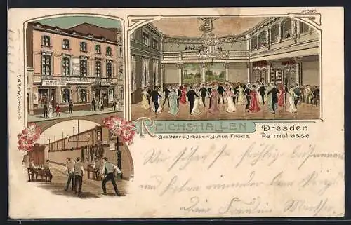 Lithographie Dresden, Gaststätte Reichshallen J. Fröde, Palmstrasse, Aussenansicht, Saal mit Tanz, Kegelbahn mit Keglern
