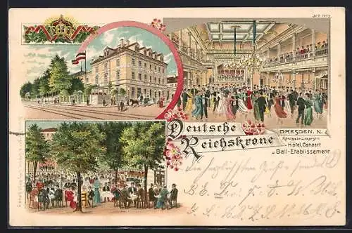 Lithographie Dresden, Hotel-Gaststätte Deutsche Reichskrone, Königsbrückerstr., Gebäude mit Strasse, Garten, Saal, Krone