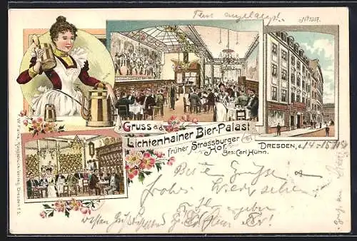 Lithographie Dresden, Gasthaus Lichtenhainer Bier-Palast C. Hühn, An der Frauenkirche 20