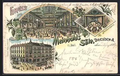 Lithographie Dresden, Gaststätte Meinholds Säle O. Bail mit Strassenbahnen, Stehbierhalle, Saal