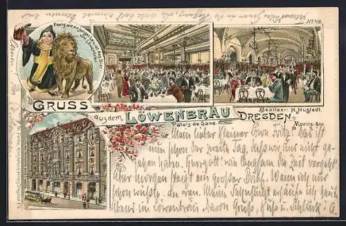 Lithographie Dresden, Gasthaus Löwenbräu im Palais de Saxe, Moritzstrasse 1b