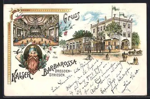 Lithographie Dresden-Striesen, Gasthaus Kaiser Barbarossa