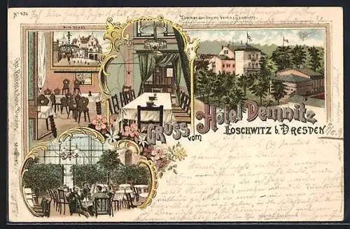 Lithographie Loschwitz bei Dresden, Hotel Demnitz mit Umgebung, Innenansichten, Wintergarten
