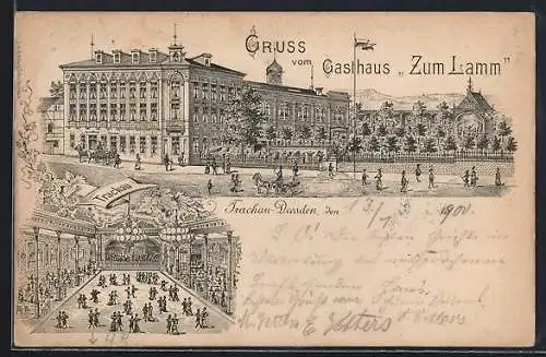 Lithographie Trachau /Dresden, Gasthaus zum Lamm, Panorama mit Strasse, Innenansicht Saal mit Tanz
