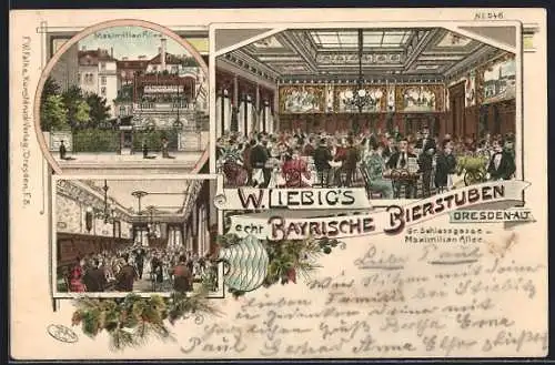 Lithographie Dresden, Gasthof Bayrische Bierstuben, Grosse Schiessgasse und Maximilian Allee