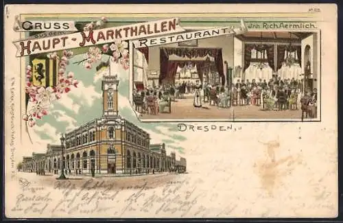 Lithographie Dresden, Haupt-Markthallen-Restaurant, Weisseritzstrasse Ecke Wettiner Strasse
