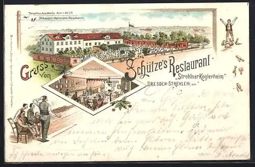 Lithographie Dresden-Strehlen, Schützes Restaurant / Strehlner Keglerheim mit Strasse u. Garten, Kegelbahn mit Keglern