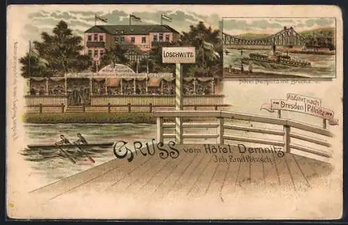 Lithographie Loschwitz, Hotel Demnitz, Ansichten mit Ruderern vom Anleger nach Pillnitz aus u. mit Brücke u. Dampfer