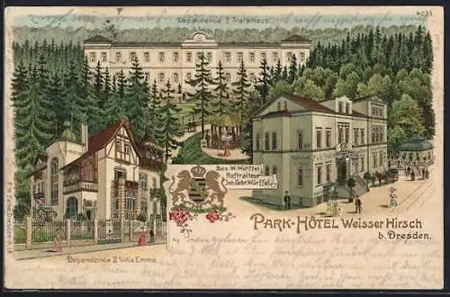 Lithographie Dresden-Weisser Hirsch, Park-Hotel W. Würffel, Dependencen Parkhaus und Villa Emma, Wappen