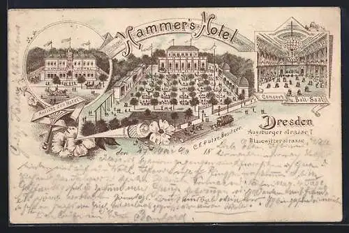 Vorläufer-Lithographie Dresden-Striesen, 1895, Hammer`s Hotel, Augsburger Strasse 7