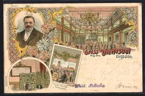 Lithographie Dresden, Etablissement Dianasaal, Jagdweg 6, Aussen- und Innenansicht