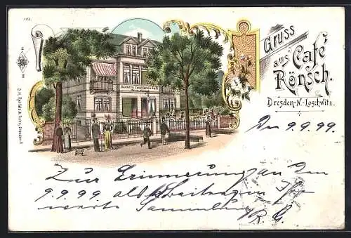 Lithographie Dresden-Loschwitz, Cafe Rönsch, Ansicht von der Strasse aus, mit Passanten
