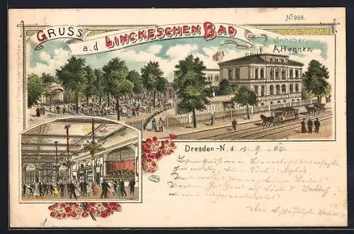 Lithographie Dresden-Neustadt, Gaststätte Linckesches Bad mit Garten und Pferdebahn, Innenansicht Saal