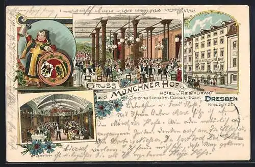 Lithographie Dresden, Hotel-Restaurant Münchener Hof, Kreuzstr. 2, mit Innenansichten, Münchener Kindl, Kornblumen