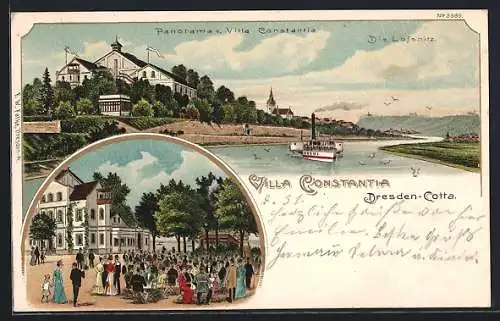 Lithographie Dresden-Cotta, Gaststätte Villa Constantia, Ansicht mit Lössnitz-Panorama, Garten mit Gästen