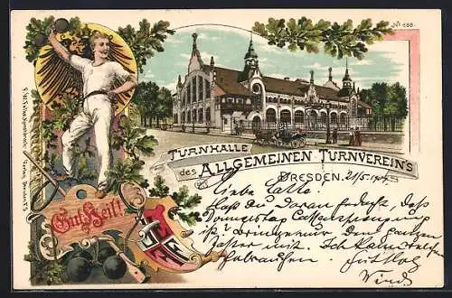 Lithographie Dresden, Pöppelmannstrasse mit der Turnhalle des Allgemeinen Turnvereins