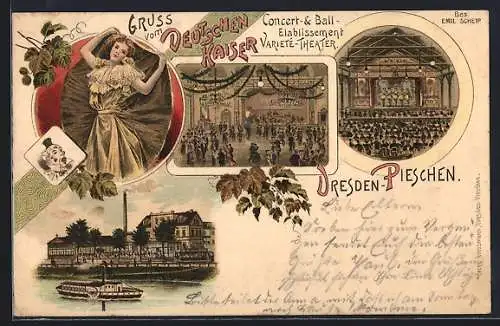 Lithographie Dresden-Pieschen, Etablissement Deutscher Kaiser, Blick in den Ballsaal