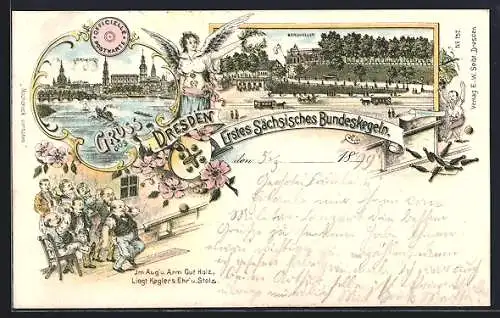 Lithographie Dresden, Erstes Sächs. Bundeskegeln, Kegler, Engel, Panorama mit Gaststätte Bergkeller, Ortsansicht, Wappen