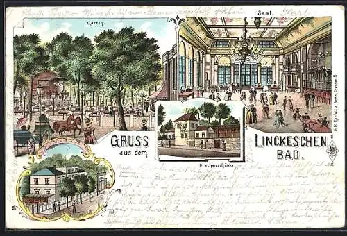 Lithographie Dresden-Neustadt, Gaststätte Linckesches Bad mit Drachenschänke, Saal, Gartenpartie