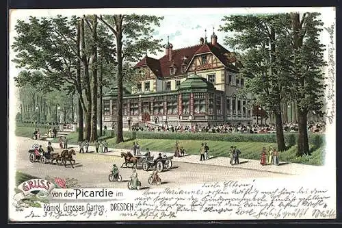 Lithographie Dresden, Kgl. Grosser Garten, Gaststätte Picardie mit Strasse u. Kutschen, Promenade, Treppenzugang, Garten