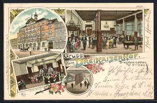 Lithographie Dresden-Löbtau, Gaststätte Dreikaiserhof W. Fröde mit Strasse, Speisesaal, Kegelbahn, Billard