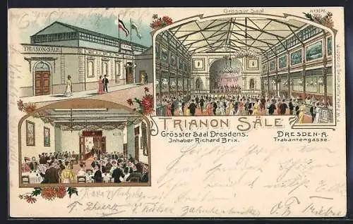 Lithographie Dresden, Gaststätte Trianon Säle R. Brix, Trabantengasse, Gebäude mit Saaleingang, Innenansichten m. Gästen