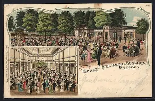 Lithographie Dresden, Gaststätte Feldschlösschen, Garten und Gebäude, Innenansicht Saal mit Tanz