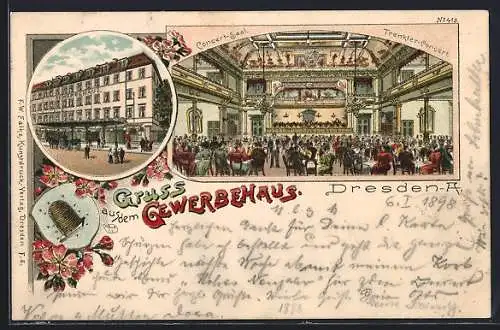 Lithographie Dresden, Gaststätte Gewerbehaus, Gebäude mit Vorplatz, Concert-Saal mit Trenkler-Concert, Wabe mit Bienen