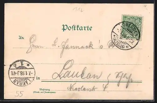 Lithographie Dresden, Gaststätte Gewerbehaus, Gebäude mit Vorplatz, Concert-Saal mit Trenkler-Concert, Wabe mit Bienen