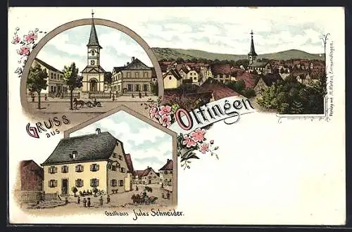 Lithographie Oltingen, Gasthaus Jules Schneider mit Strasse, Ortspartie mit Turmgebäude, Teilansicht