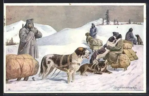AK K.u.k. Soldaten mit Schlitten- und Sanitätshund im Schnee