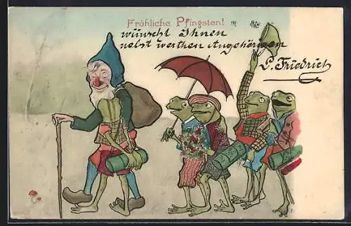 Künstler-AK Zwerge und Frösche auf Wanderschaft, Fröhliche Pfingsten