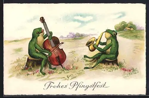 AK Frösche musizieren auf einer Wiese, Frohes Pfingstfest