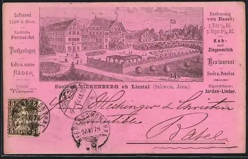 Vorläufer-Lithographie Liestal /Schweiz. Jura, 1879, Soolbad und Restaurant Bienenberg, Eigentümer Jordan-Linder