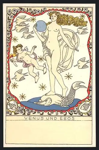 Künstler-AK Wiener Werkstätte Nr. 914, Bertold Löffler: Wandmalerei im Gasthof Salzburger Volkskeller, Venus und Eros