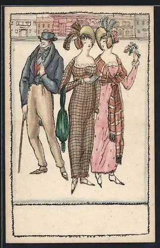 Künstler-AK sign. Fritzi Löw: Wiener Werkstätte No. 1004, Junge Damen im Gespräch bei einem Spaziergang