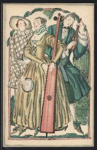 Künstler-AK sign. Fritzi Löw: Wiener Werkstätte No. 1003, Musikertrio mit Instrumenten