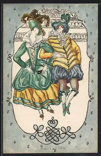 Künstler-AK Wiener Werkstätte Nr. 1002, sign. Fritzi Löw: Paar in barocker bunter Kleidung Arm in Arm beim Spaziergang