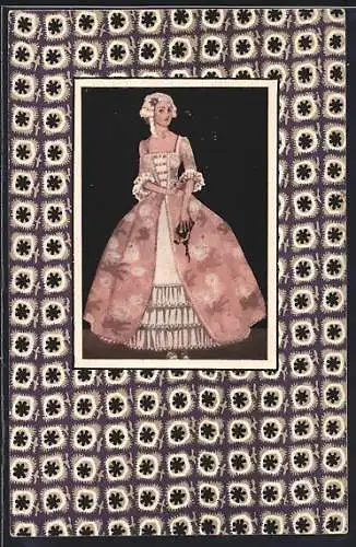 Künstler-AK Wiener Werkstätte sign. Mela Köhler: Barocke Dame im Stoffmuster-Passepartout