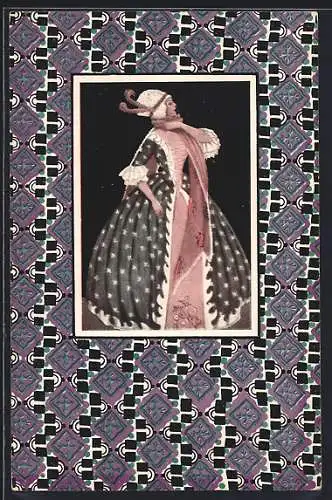 Künstler-AK Wiener Werkstätte sign. Mela Köhler: Barocke Dame mit Perücke im violetten Stoffmuster-Passepartout