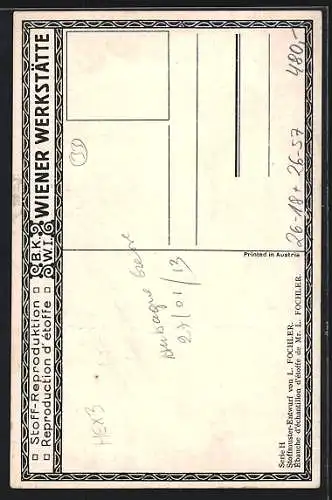 Künstler-AK Wiener Werkstätte sign. Mela Köhler: Barocke Dame mit Perücke im violetten Stoffmuster-Passepartout
