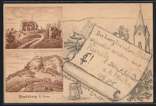 Vorläufer-Lithographie Jena, 1888, Blicke auf die Kunitzburg, Verlag M. Hunger