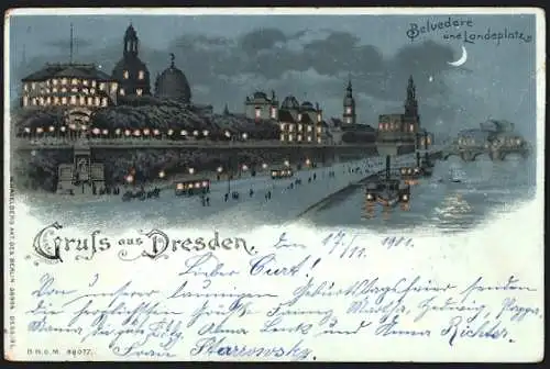 Lithographie Dresden, Belvedere und Landeplatz, Strassenpartie, Dampfer, Halt gegen das Licht
