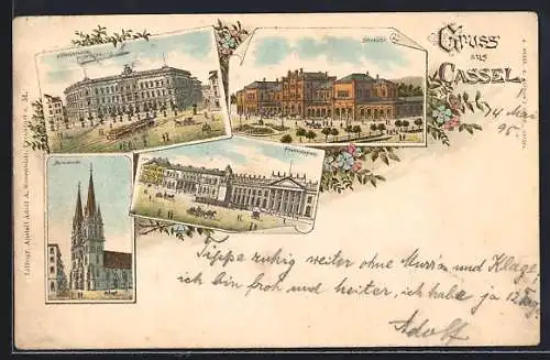 Vorläufer-Lithographie Cassel, 1895, Bahnhof, Post am Königsplatz, Friedrichsplatz