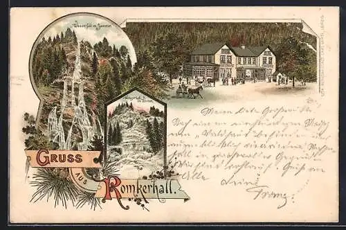 Vorläufer-Lithographie Oker, 1895, Gasthaus Romkerhall, Wasserfall im Sommer und im Winter