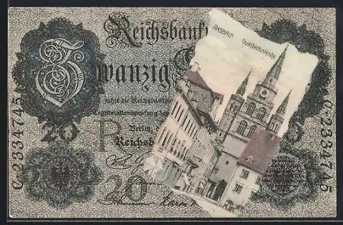AK Ansbach, Gumbertuskirche auf 20-Reichsmark-Schein