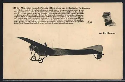 AK Monoplan Esnault Pelterie piloté par le Capitaine De Chaunac, Flugzeug